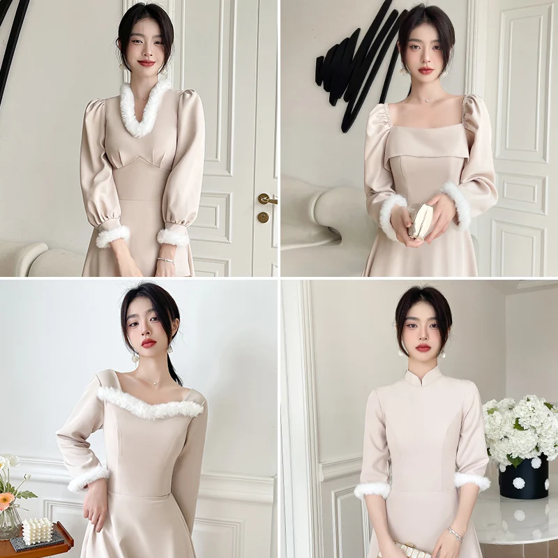 Women's Satin Bridesmaid Dress New Spring Autumn Long Sleeve Warm Sisters Group Dresses Female Elegant Simple Evening Dress