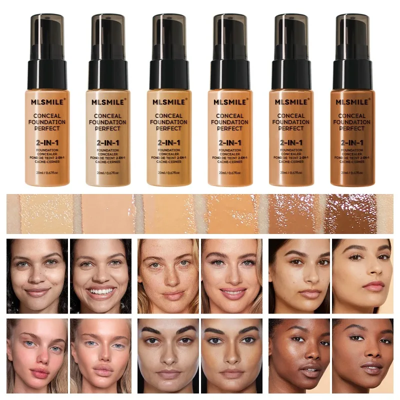 2-In-1 6 Color Oil Control Liquid Foundation and Conceal Long-Lasting Waterproof Face Comestics Natural Brighten Concealer 20ML