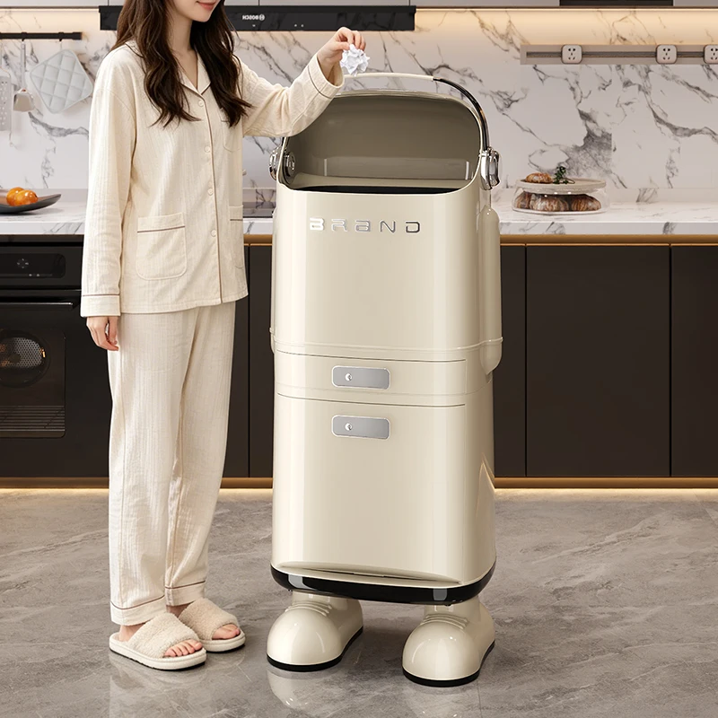 1pc Cute Retro Robot Multi-layer Sorting Trash Can with Lid Drawer, Large Capacity Odor Resistant Dual Bucket Waste Bin