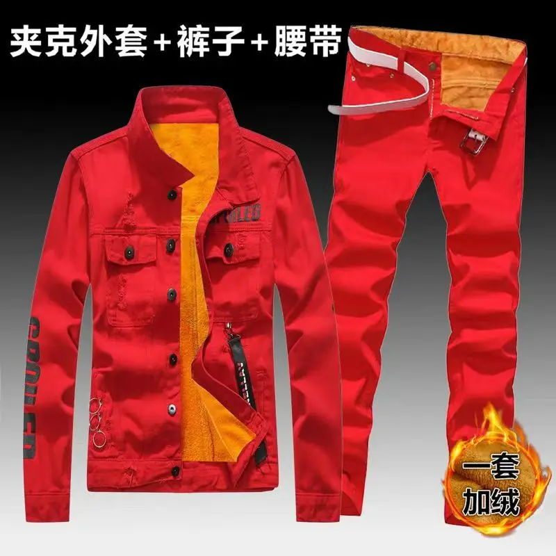 

Зимний мужской комплект из плотной теплой джинсовой подкладки на флисовой подкладке, облегающий ковбойский костюм, джинсовый костюм, мужские комплекты
