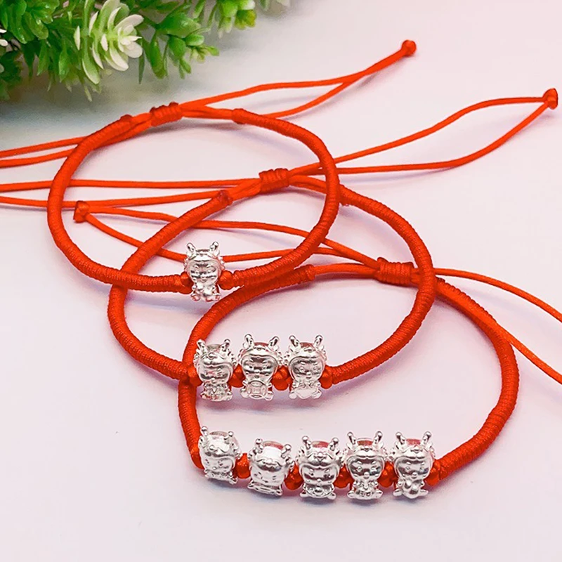 1pcs 990 Pure Silver Bracelet For Women Men 3D Zodiac Dragon Blessing Red String Amulet