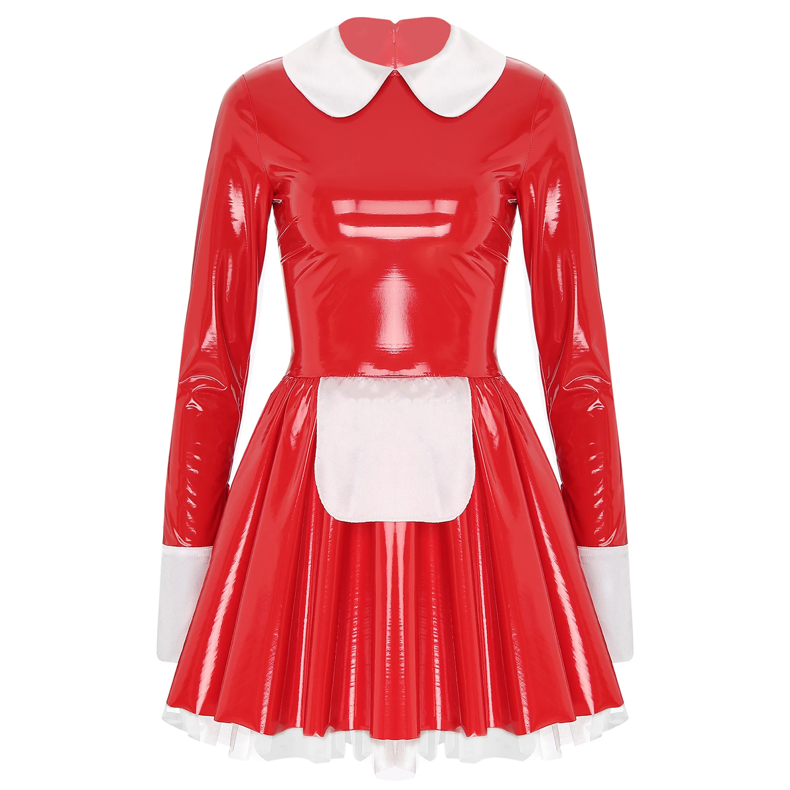 Womens Sweet Maid Cosplay Patent Leather Dress Long Sleeve Satin Apron Tulle Underskirt A-Line Dresses Dress-up Party Costumes