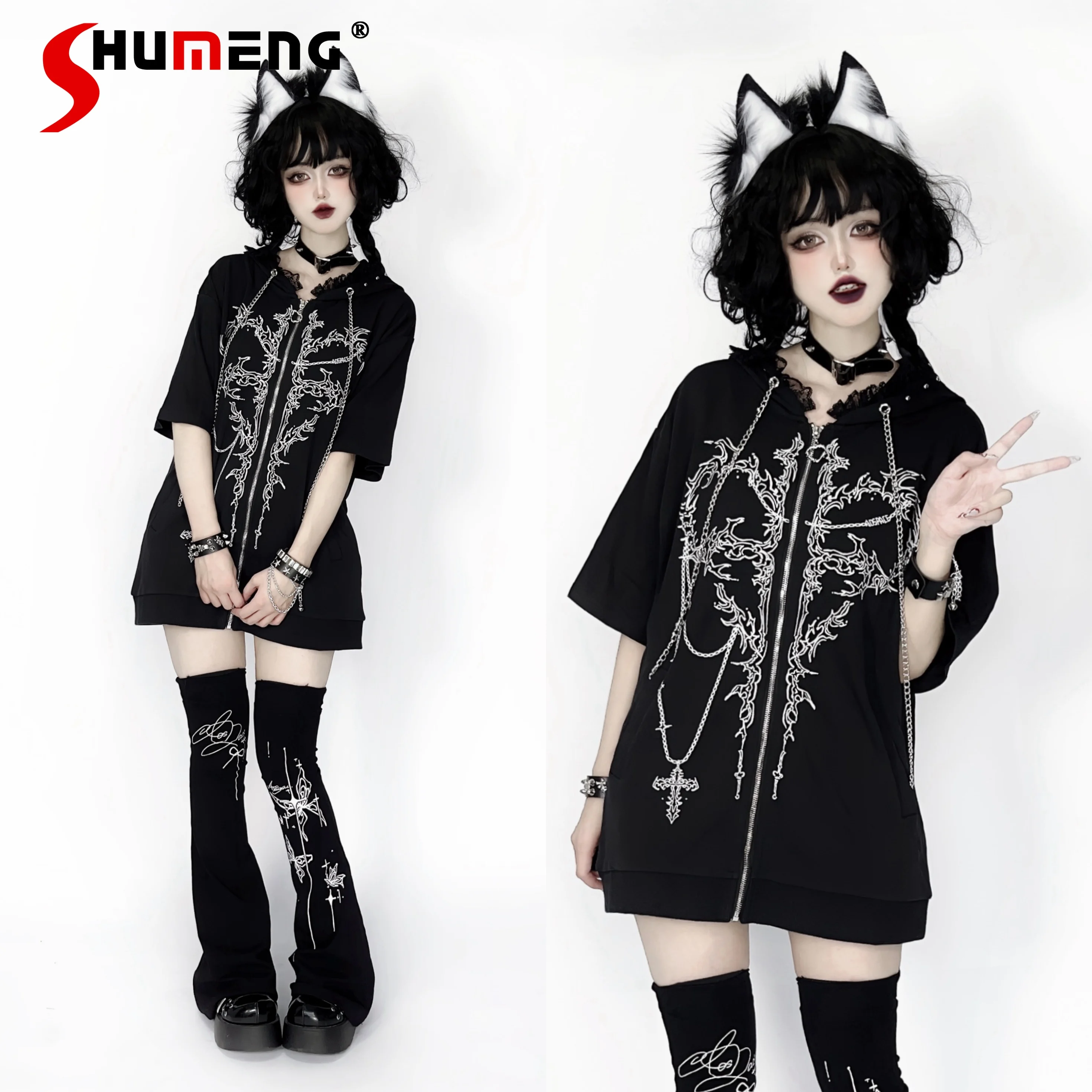 

Original Harajuku Aesthetic Punk Subculture Black White Print Hooded T-Shirts Women's Spring and Summer Loose Chain Rivet Tees