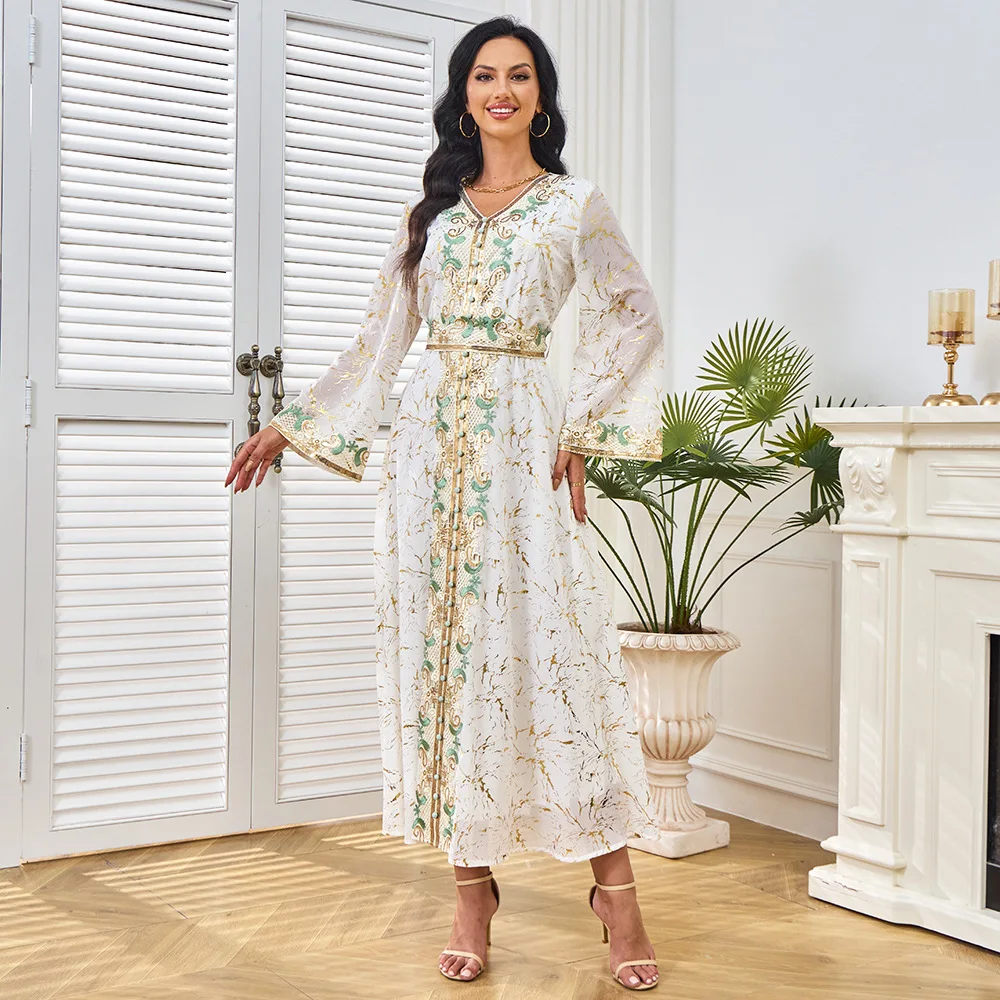 Großhandel Neue Ankunft Elegantes Langarm-Abaya-Kleid mit V-Ausschnitt für Frauen Erwachsene Polyester Vintage-Stil für den Sommer