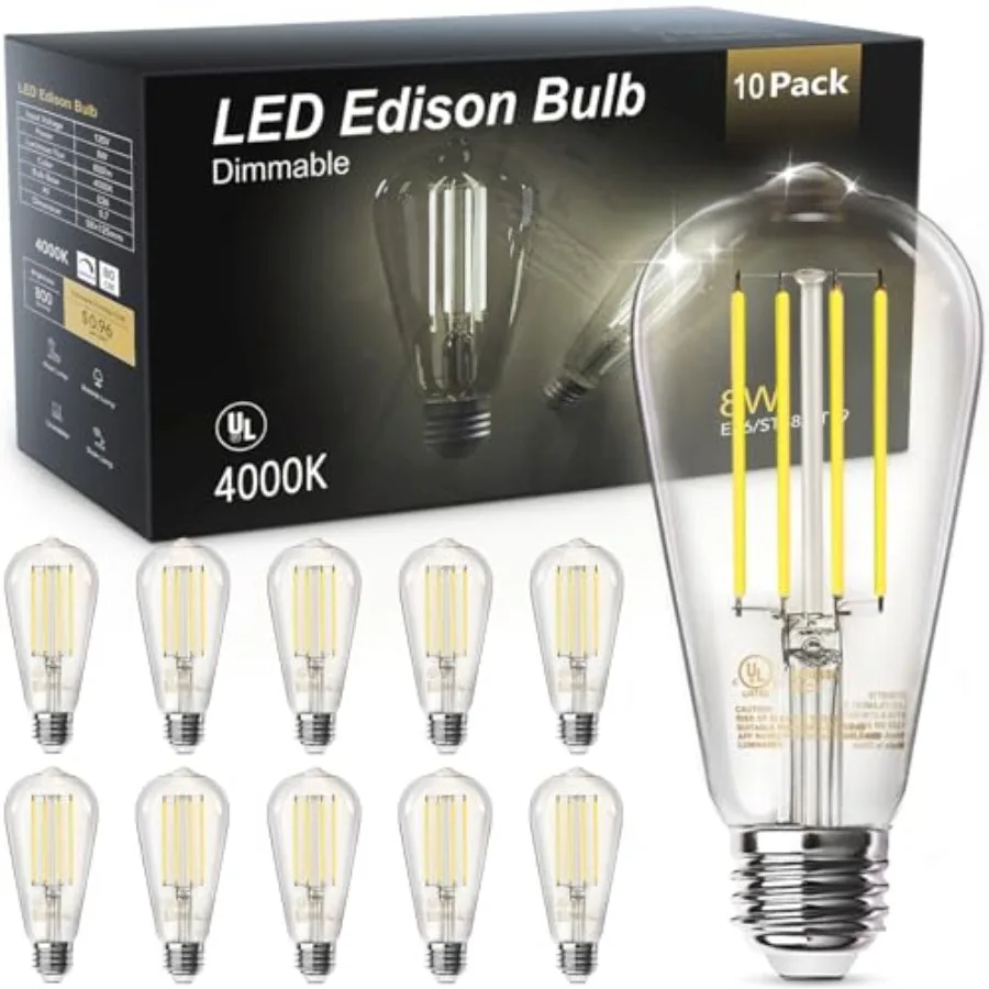 LED Edison Light Bulbs, E26 Dimmable Vintage Bulb, 8W = 60W Equivalent Neutral White 4000K, 800LM, E26 Base, ST19/58, 80+ CRI,