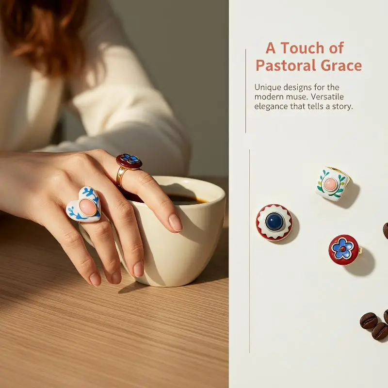 Retro Geometric Heart Rings Non-fading Drip Oil Round Shape Trendy Jewelry for Women Men Party Accessories