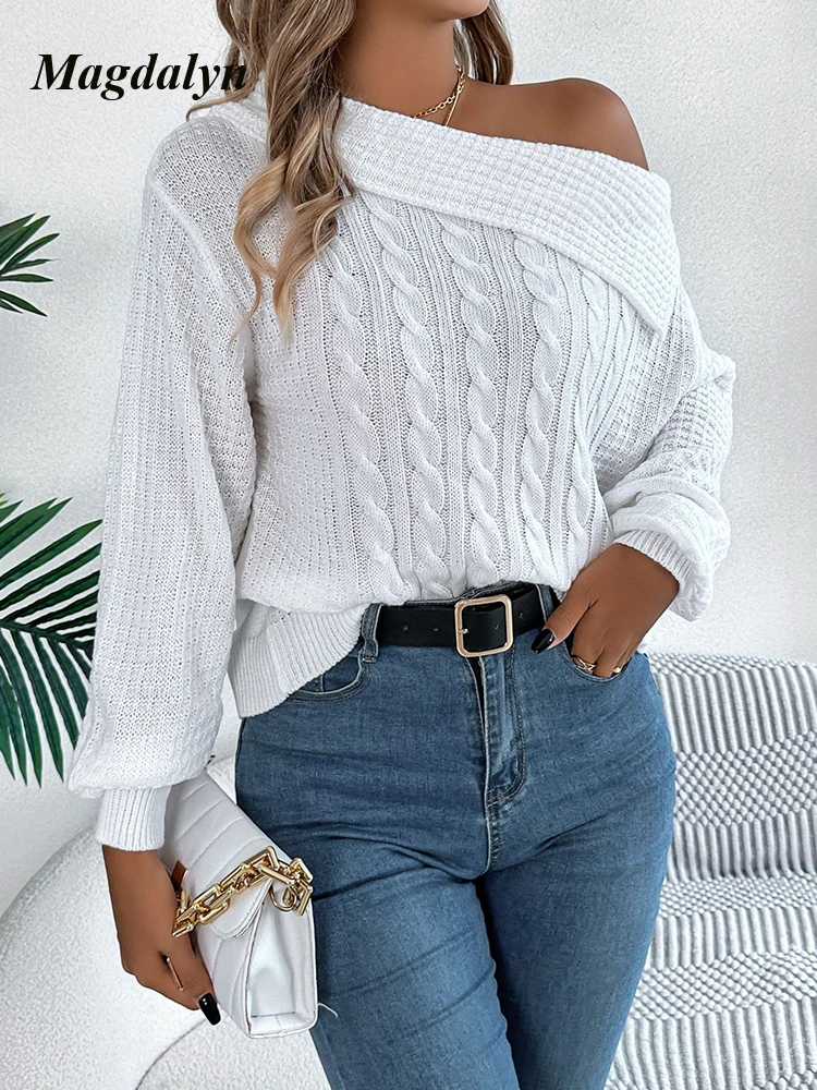 Magdalyn Women Fasion Lapel Sweater Sexy Off Shoulder Knitwear Korean Autumn Long Sleeve Pullovers Solid Tricot Twist Jumper Top