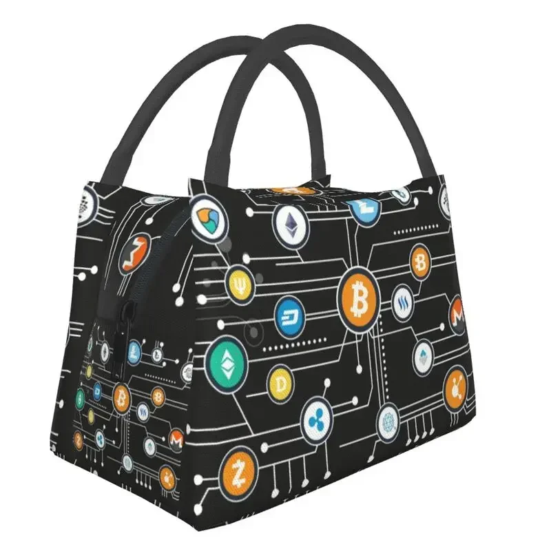 

Cryptocurrency Bitcoin Altcoin Blockchain Logo Insulated Lunch Bag for Outdoor Picnic Ethereum Resuable Cooler Thermal Lunch Box