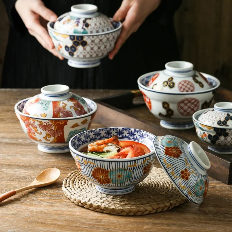 Japanese Style Ceramic Steamed Egg Stew Pot With Lid Large Rice Noodle Bowl Fruit Salad Soup Kitchen Tableware