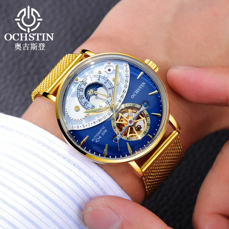 OCHSTIN Male Classic Moon Phase Sport Mechanical Watch Men Mesh Belt Hollow Design Tourbillon Automatic Waterproof Wristwatches