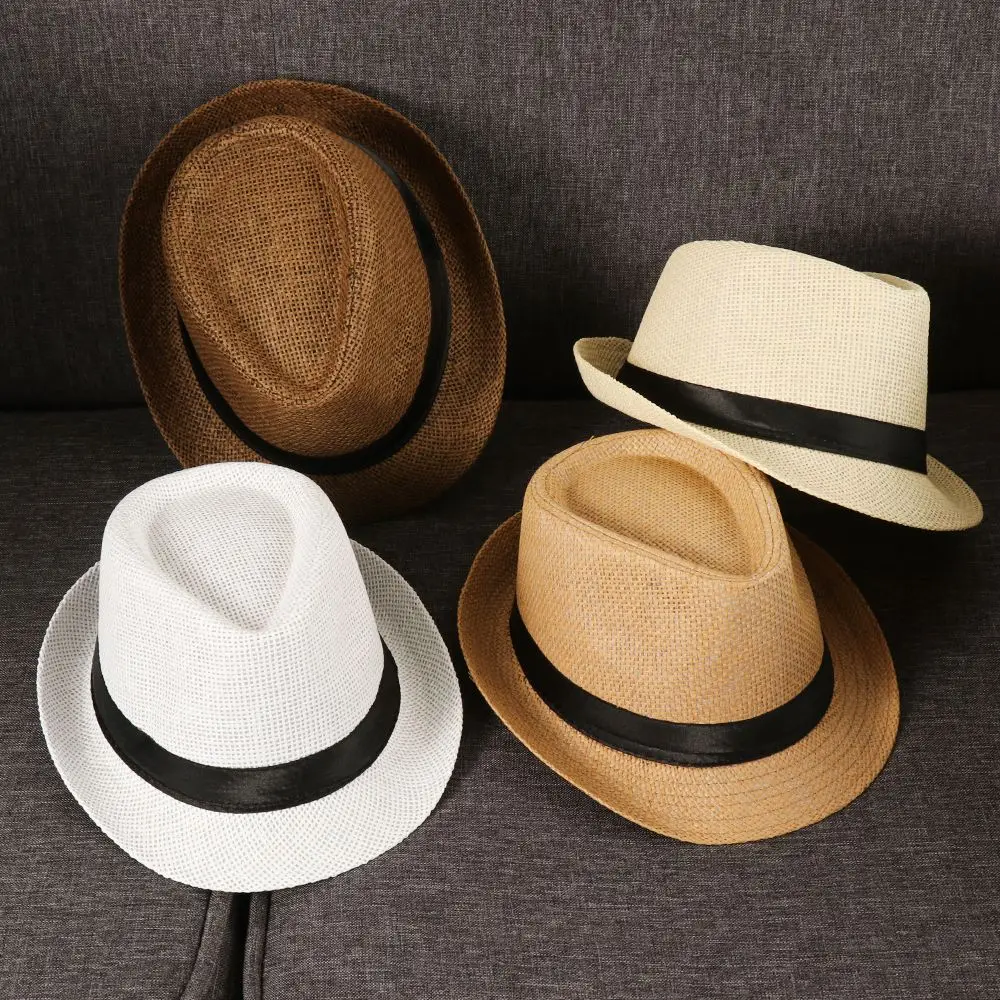 Fashion Beach Sun Cap Summer Wide Brim Straw Panama Cap Casual Jazz Dress Hat Cowboy Fedora Hat Gangster Cap Unisex