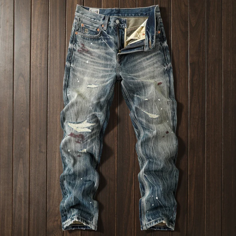 

2026 New Men's High-End Ripped Vintage Heavyweight Washed Jeans European American Style Retro Fashion Denim Pants