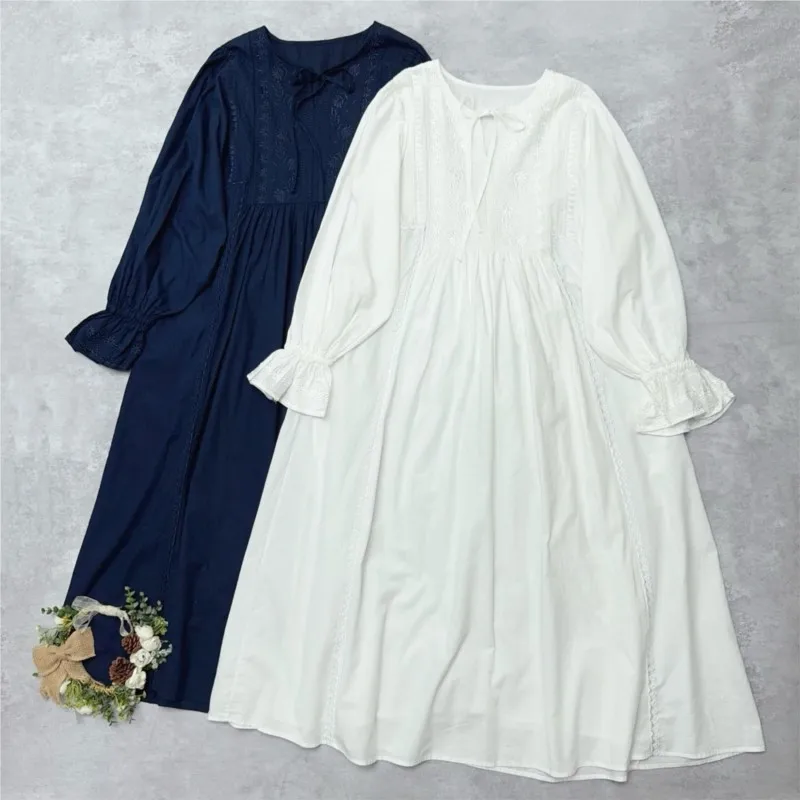 

Платье Johnature из хлопка и льна с вышивкой, новые весенне-осенние кружевные лоскутные платья во французском винтажном стиле с длинными рукавами