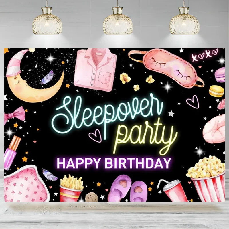 Birthday Backdrop Sleepover Party Background Movie Night Slumber Decoration Banner Colorful Pajama Girls Pillow Photographic