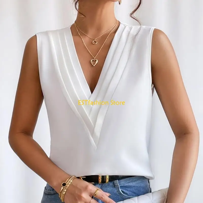 Y5GC Sleeveless Tops for Women Summer Triple V-neck T Shirts Business Office Dressy Outfit Blouse
