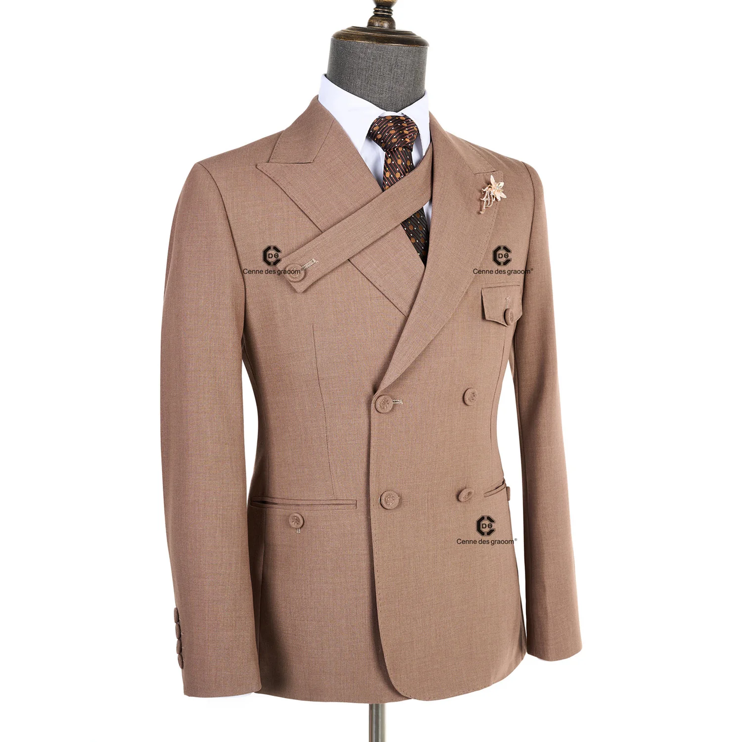 Cenne Des Graoom 2024 New Elegant Brown Double Breasted Suits for Men Hand Sewn Buttons 2 Pieces Set High Quality Wedding Party