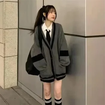 여성용 긴팔 V넥 프레피 스타일 니트 스웨터, 싱글 브레스트 코튼, 따뜻한 가디건, 패치워크 그레이 롱 스웨터 코트, 가을 Best5 여성용 긴팔 V넥 프레피 스타일 니트 스웨터, 싱글 브레스트 코튼, 따뜻한 가디건, 패치워크 그레이 롱 스웨터 코트, 가을 Best5