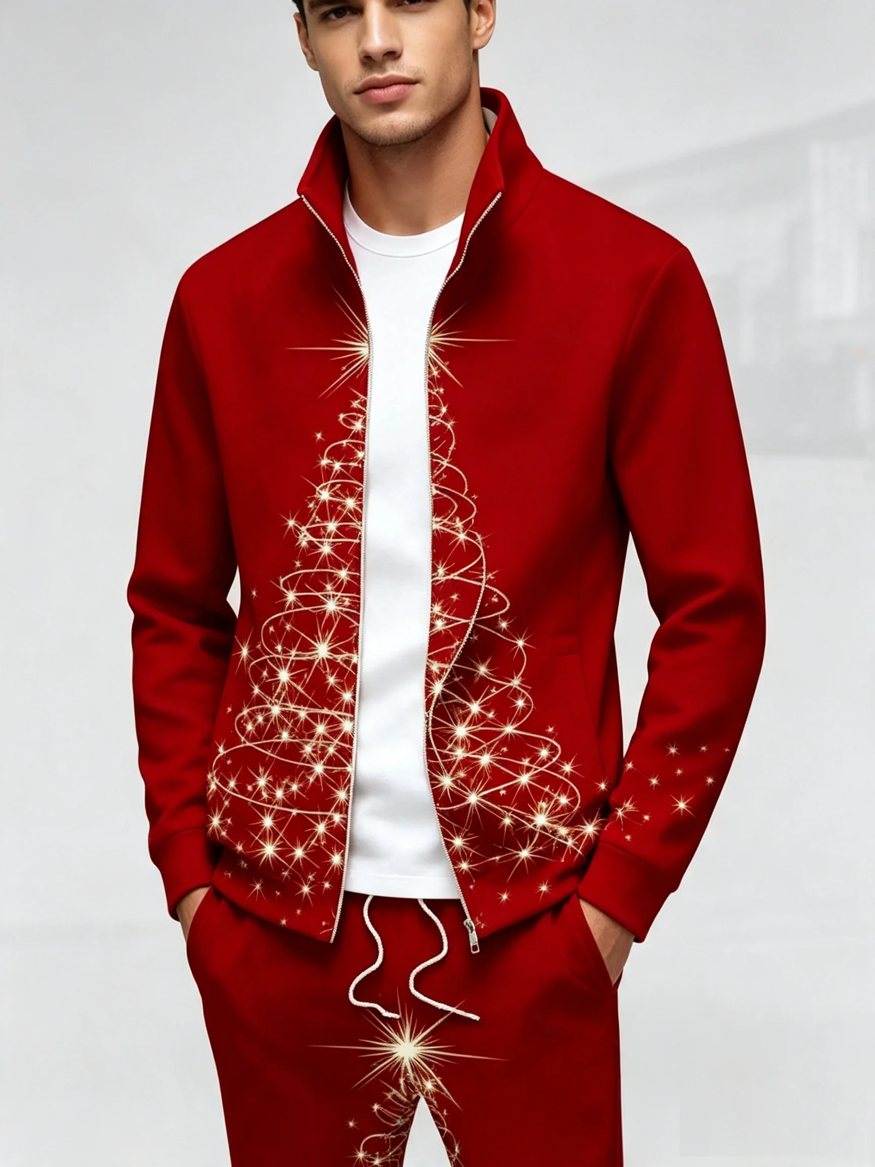 Glowing Christmas Tree Print Men Matching Tracksuit Zip Up Stand Collar Sweat Jacket Drawstring Waist Jogger Pant Holiday Party