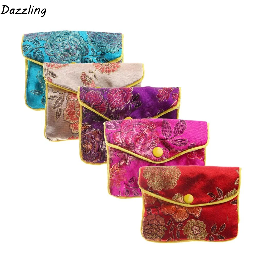 

Silk Embroidery Beads Container Brocade Coin Purse Handmade Snap Buckle Floral Jewelery Storage Wallet Handbags Jewelery Bag