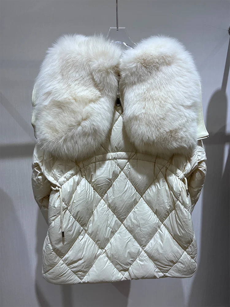 เสื้อแจ็คเก็ตขนห่านแท้สำหรับผู้หญิง ฤดูหนาวปี 2025  คอปกขนสุนัขจิ้งจอกแท้  แบบมีฮู้ด  หนา อุ่น  ทรงหลวม  หรูหรา