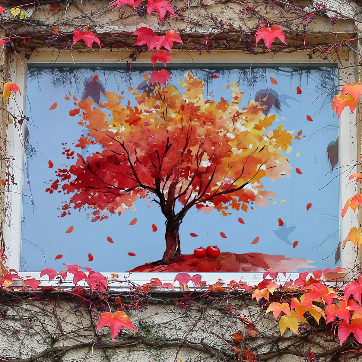 Autumn Red Tree Window Decals - Removable Fall Leaf & Apple Stickers for Seasonal Home & Shop Decor