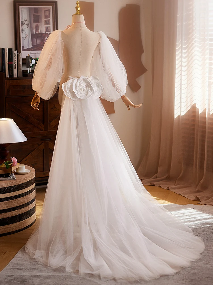 elegant-fairy-tale-evening-gown-accessory-large-train-tulle-performance-show-off-shoulder-sleeve-decoration