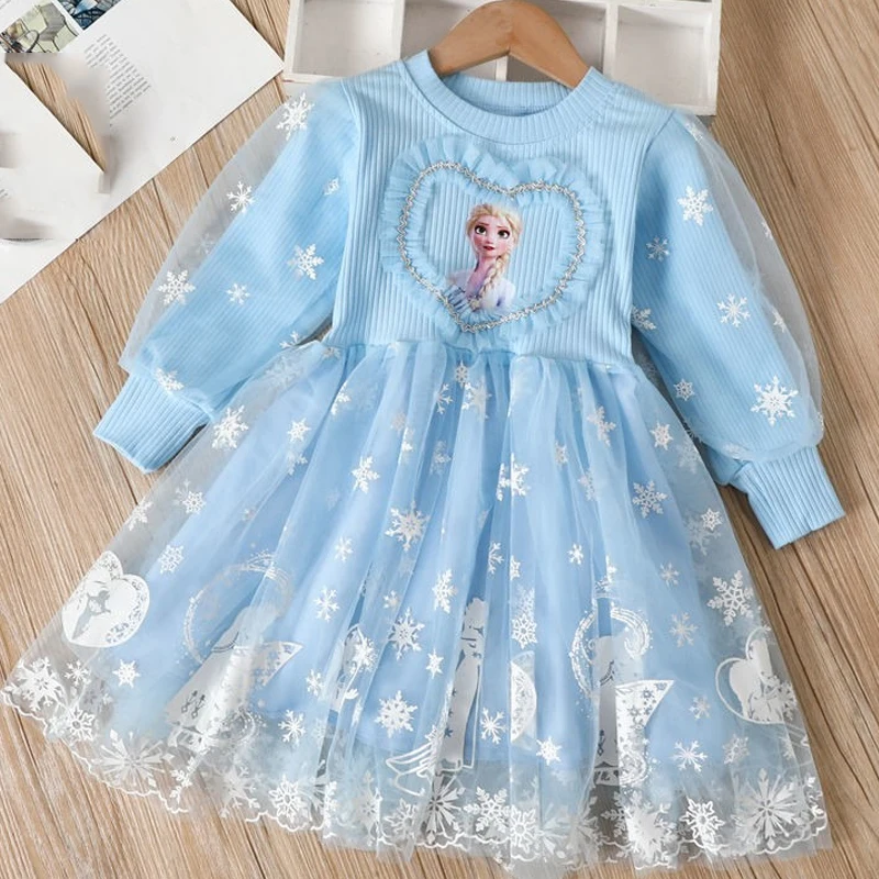 Disney Girls Dress Long-sleeved Frozen Princess Dress Blue for Children Gauze Pink Kids Dress  Elsa Anna Birthday Party Clothes