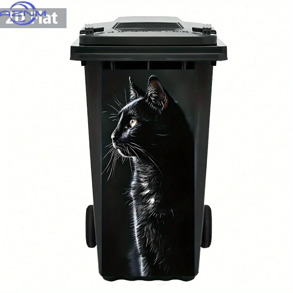 2D Flat Mysterious Black Cat Silhouette Trash Can Sticker – Waterproof, Enigmatic and Elegant, Black Cat - Themed, Bin Decorat