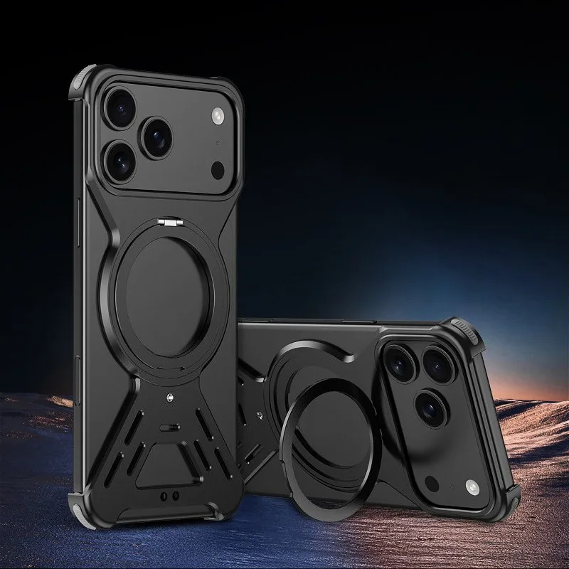 

HOCE Aluminum Alloy Metal Magnetic Case For iPhone 14 15 16 17 Pro Max 360° Rotation Holder Shockproof Hollow Breathable Cover