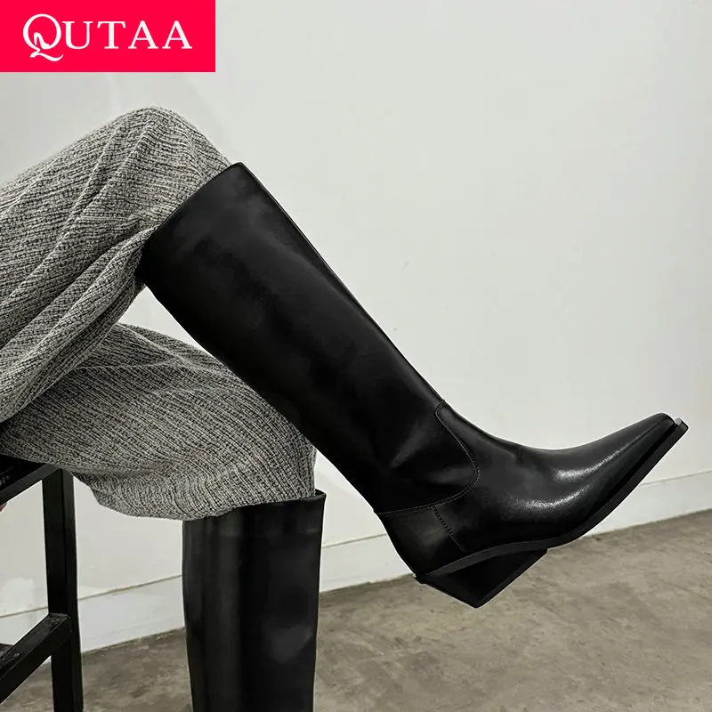 

QUTAA 2026 Fashion Winter Women Knee High Boots Cow Leather Mid Heels Square Toe Wedge Woman Shoes Motorcycle Long Boots 34-39