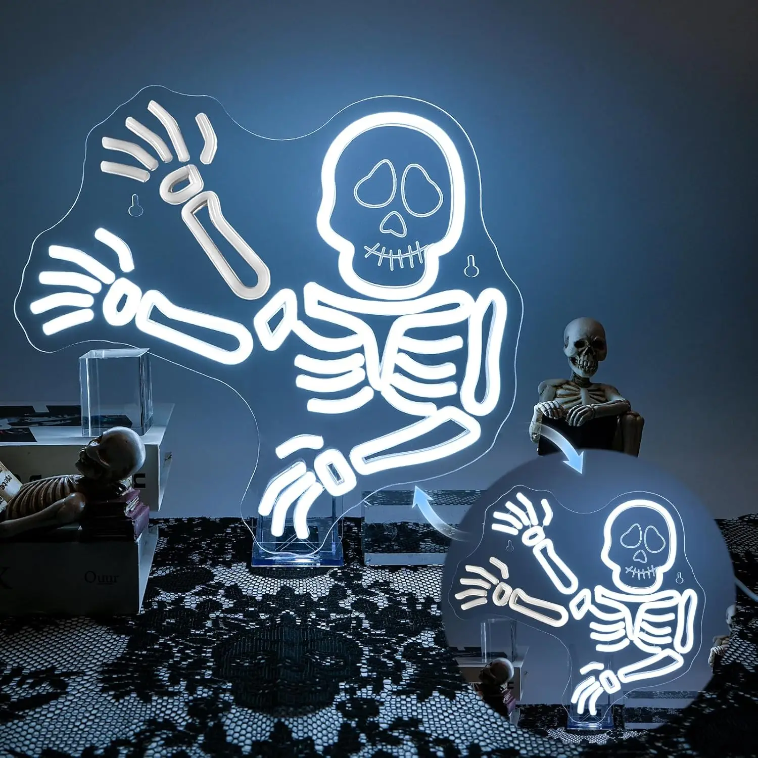 手を振る骸骨のネオンサイン-壁装飾用、usb電源で調光可能なledライト-ハロウィンパーティー、ゲームルーム、バー、ショップ用