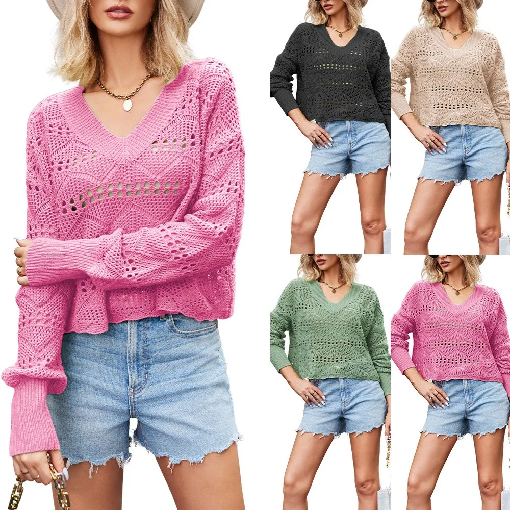 

2024 Spring and Autumn Cross-border New Women's V-neck Hollow Diamond Knit Sweater Foreign Trade Sexy Pullover Sweatershirt top