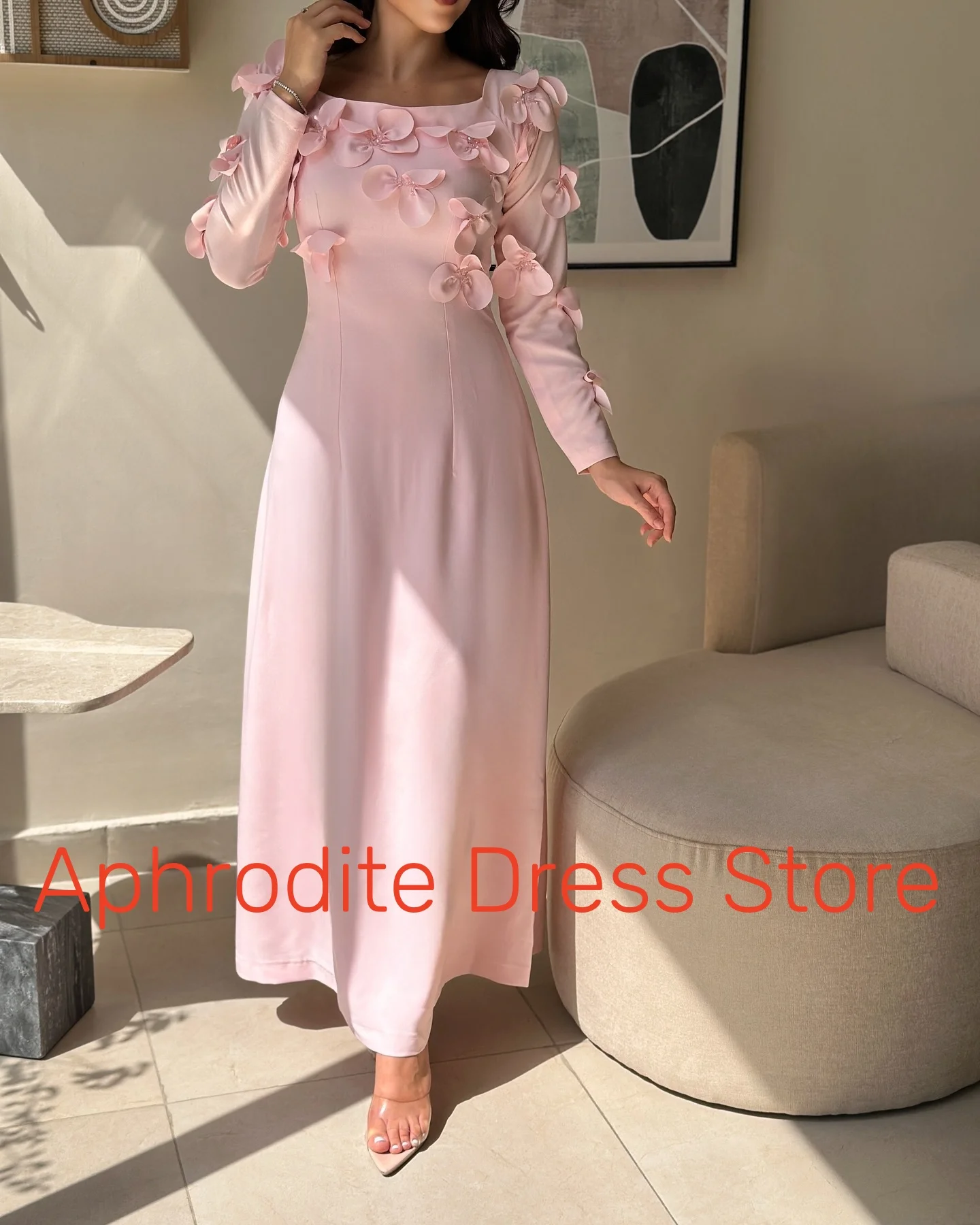 Customized Graceful Jersey 3D Flowers Evening Dresses Delicate Long Sleeves Square Neck Cocktail Dress Custom Size Par