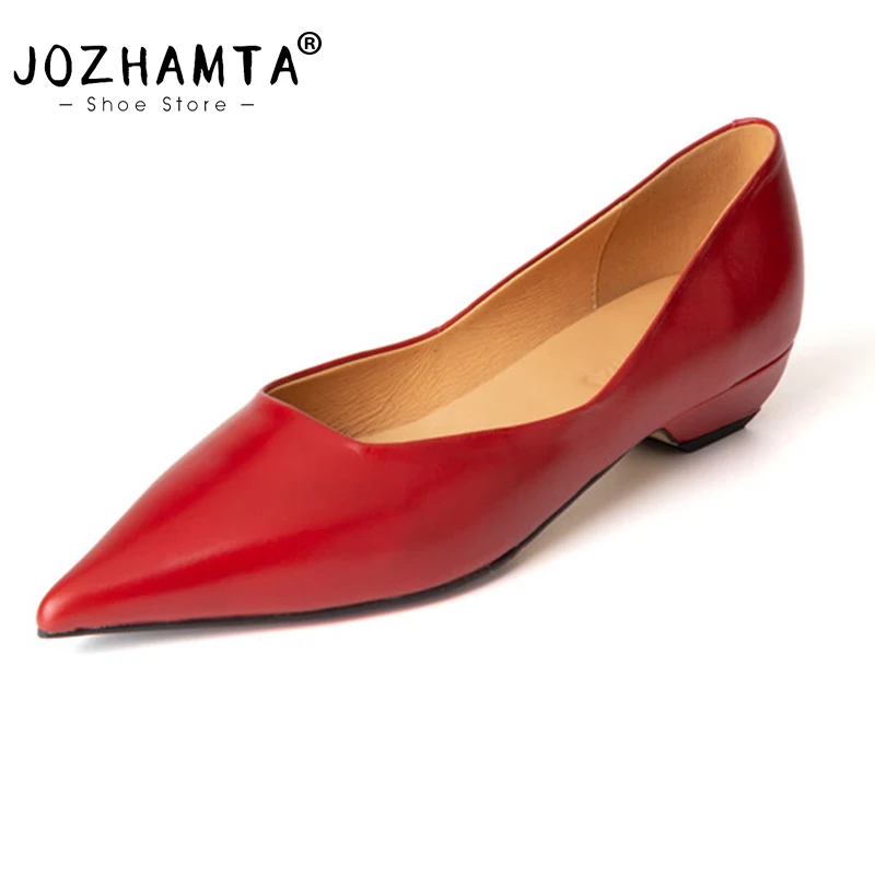 JOZHAMTA Size 34-39 Women Pumps Patent Real Leather Chunky Low Heels Shoes Wedding Sexy Pointy Toe Vintage Office Lady Dress