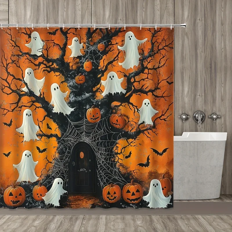 Halloween Harvest Theme Ghost Pumpkin Spider Web Bat Tree Shower Curtain with Hooks, Polyester Fabric, Cartoon Style
