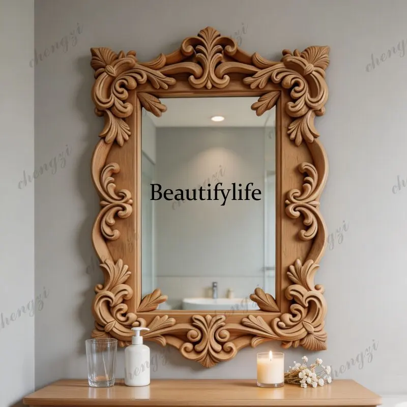 American retro wood carved makeup mirror wall-mounted bathroom decorative mirror antique dresser dressing