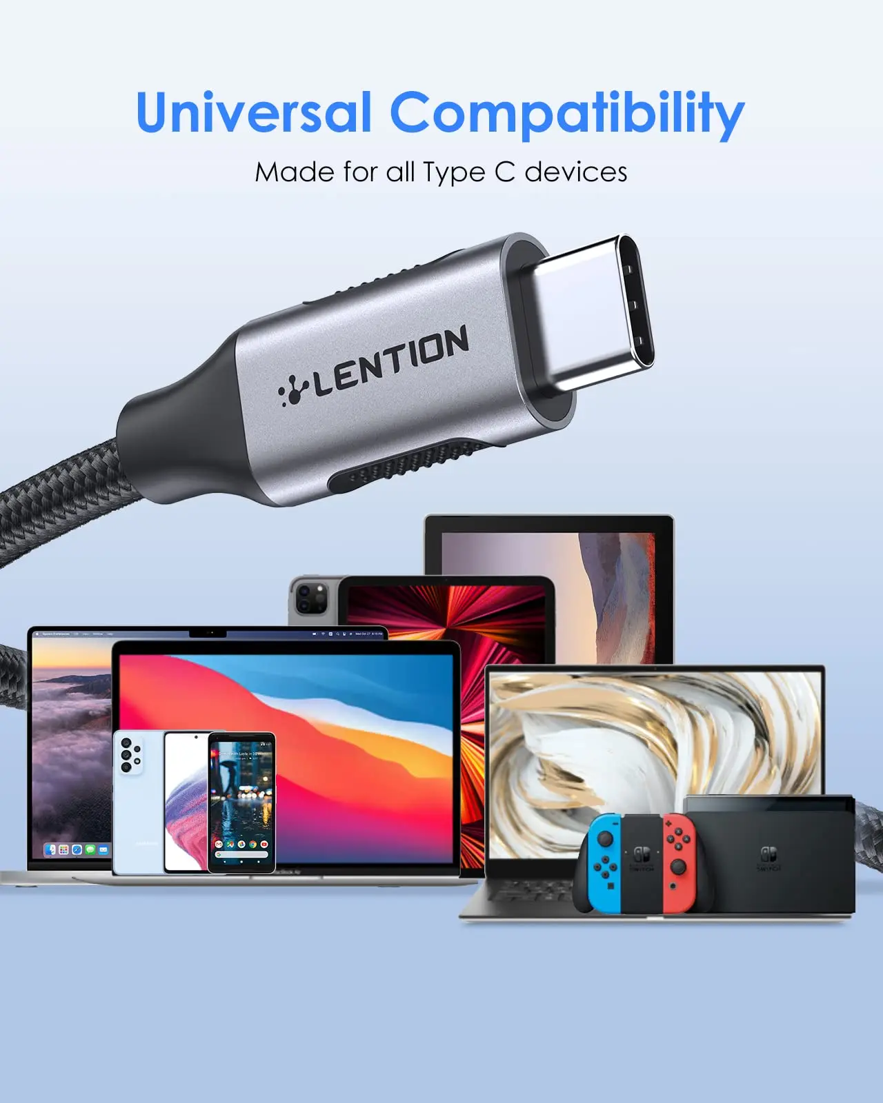 Lention USB C Charging Cable 100W Type C Charge 10Gbps Fast Data Transfer 4K/60Hz Video Braided Cord Compatible New MacBook Pro