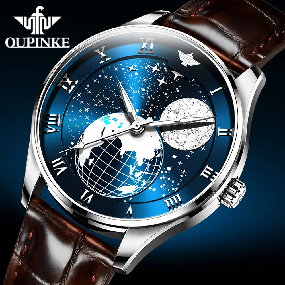 OUPINKE 3177 Original Echtleder-Armband Japanische Automatische Mechanische Armbanduhr Sternenhimmel-Zifferblatt Luxus Top-Marke Herrenuhren