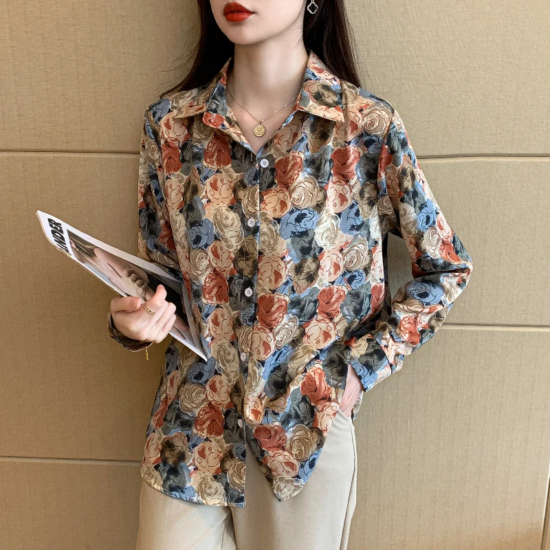 Camisas de manga larga con cuello de Polo de gasa para mujer, Tops de tendencia que combinan con todo, estampado de temperamento, moda informal, Primavera