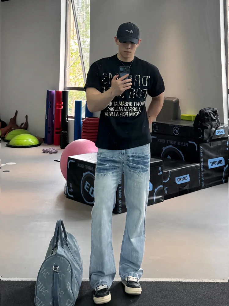 

Summer Thin Straight Leg Men's Jeans High Street American Sle Split Cra Micro Flared Denim Pants Youth Trend Loose Fit