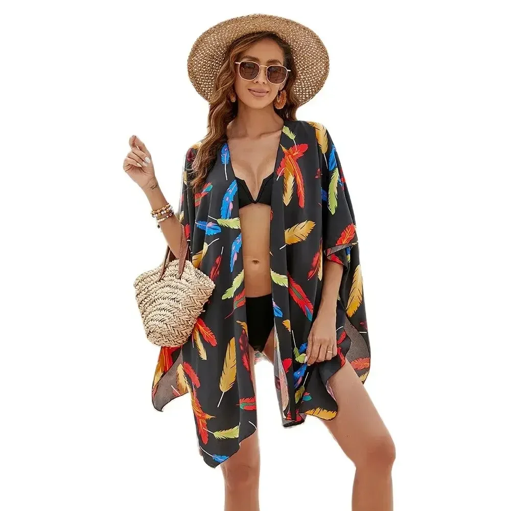 

2024 Women's boho Tops Loose Coverups Beach Swim Bikini Kimono Cardigan Bathing Suit Cover Ups Blouse for Swimwear Resort Wear