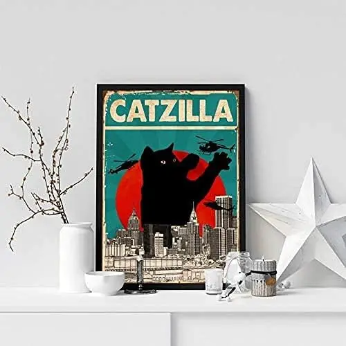 Vintage Lustige Catzilla Schwarze Katze Blechschilder – Geschenk für Katzenliebhaber, Vintage Lustiges Katzen-Blechschild, Verrückte Katzenliebhaberin, Weihnachts-Heimdeko