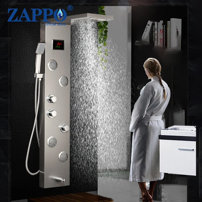 

ZAPPO Luxury Black/Brush Bathroom LED Shower Panel Tower System Wall Mount Mixer Tap Hand Shower SPA Massage Temperature Screen