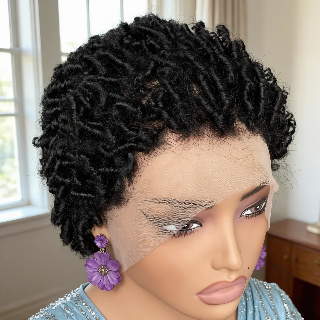 13x4 Lace Front Human Hair Short Spring Twist Wig, Natural Black Tiny Screw Curls Pixie Wig For African American Women Daily Wea