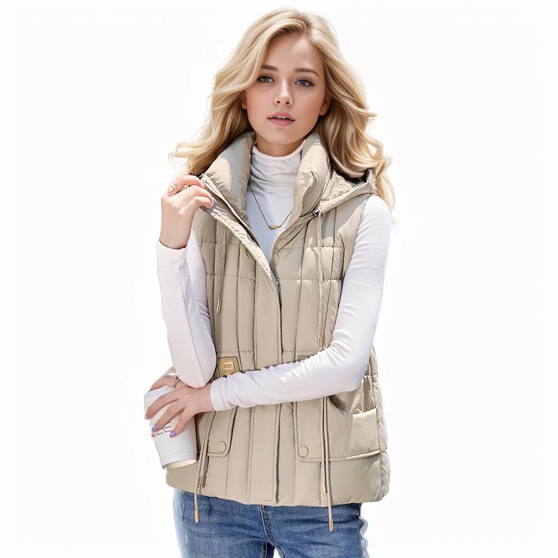 เสื้อโค้ทผู้หญิงแบบเรียบหรู สีพื้น ทรงเข้ารูป สไตล์ลำลอง ทันสมัย เรียบง่าย แบบพื้นฐาน ไม่มีแขน คอตั้ง ผ้าควิลท์ ปี 2025 เสื้อคลุมพาร์กาสำหรับผู้หญิง