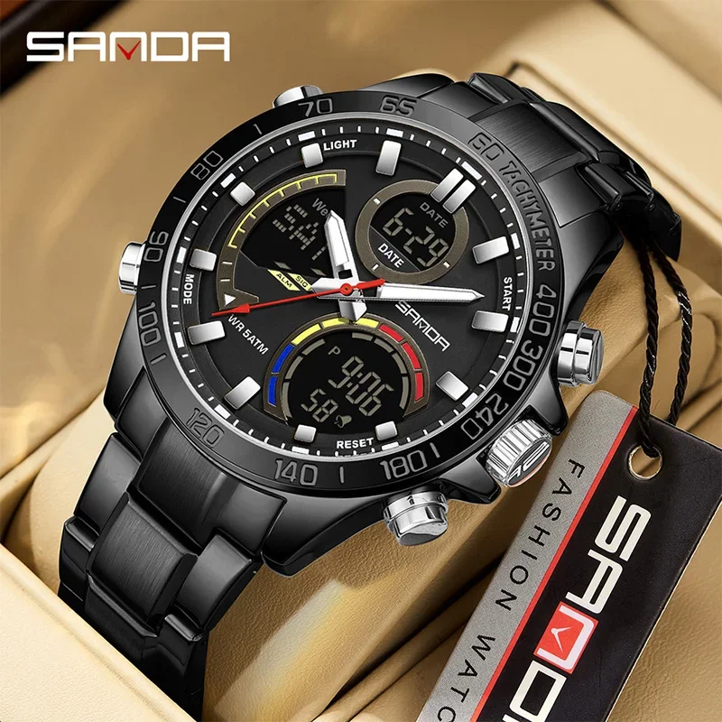 

SANDA New Fashion Trend Men's Electronic Watch Multi functional Waterproof Alarm Clock Stainless steel Teenager Sports Watch