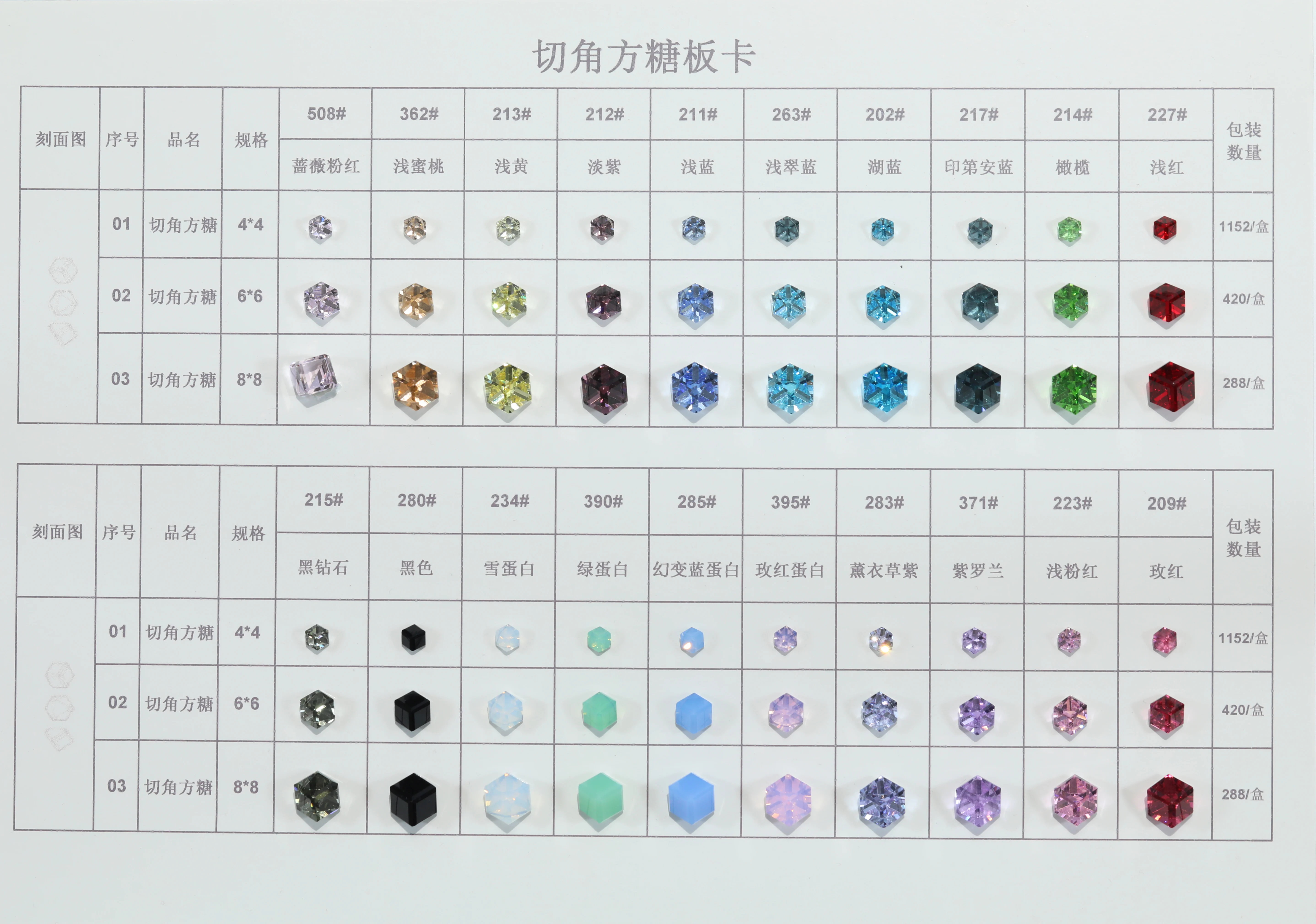 Cut Corner Sugar Cube Hand Sew Rhinestone Color Chart Size Specification Card DIY Jewelry Garment Craft Reference Swatch Card