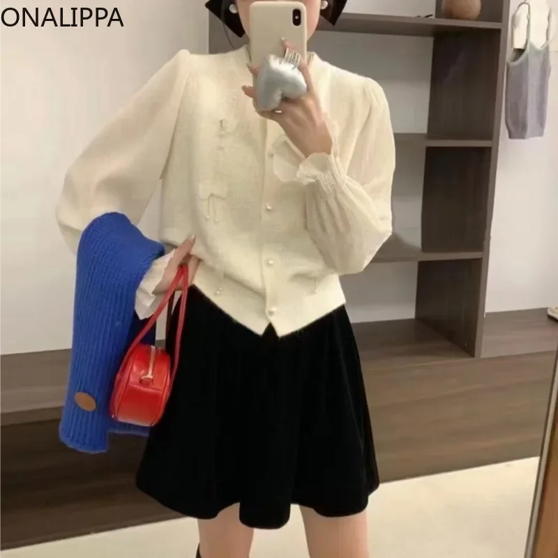 Onalippa Three Dimensional Bows Fake Two Piece Cardigan Sweet Patchwork Flare Long Sleeves Cardigans Korean Casual Sweater