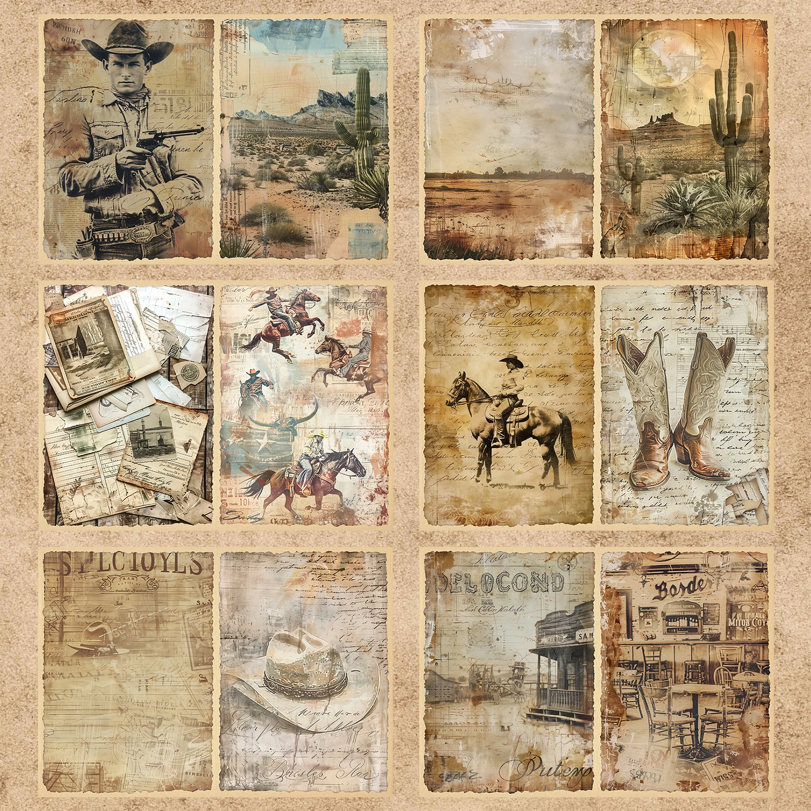 10 Sheets A5 Size Western Cowboy Revolver Hat Background Vintage Grunge Journal Planning Scrapbooking