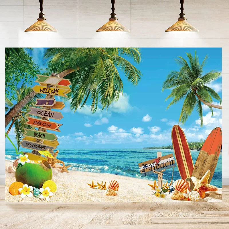 

Summer Beach Photography Backdrop For Tropical Flower Luau Hawaiian Party Decoration Aloha Blue Sky Ocean Palm Leaves Background